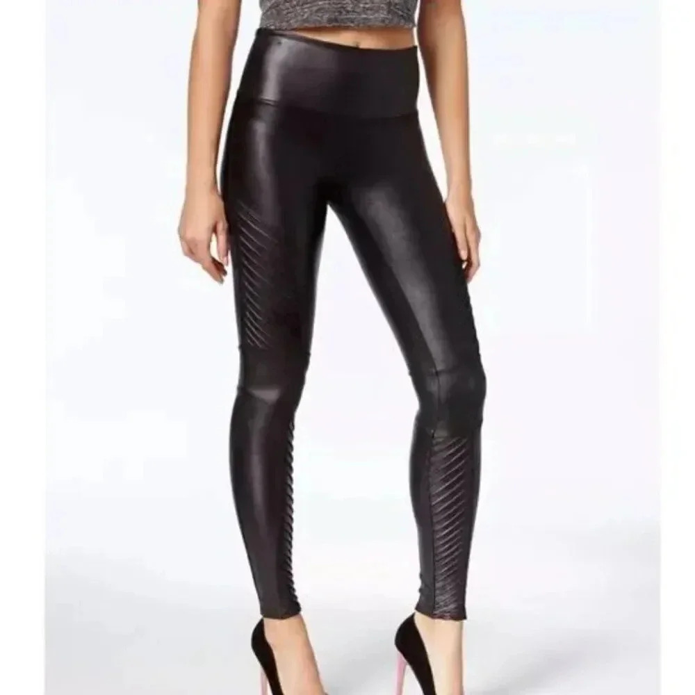 Spanx Leggings Faux Leather Moto Ribbed Slimming Pants Shiny Black Size Small